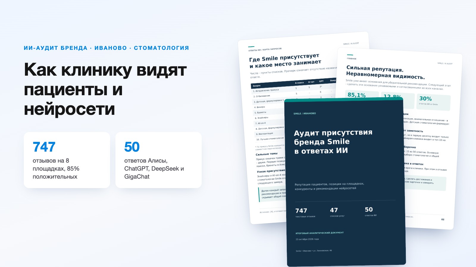 ИИ-аудит бренда стоматологии «Стомсмайл» в Иваново: 747 отзывов и 50 ответов нейросетей